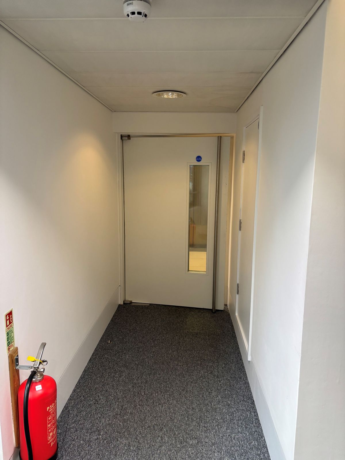 FD30 fire door with vision panel and self-closer installed on a commercial project by DPK Carpentry & Decorating